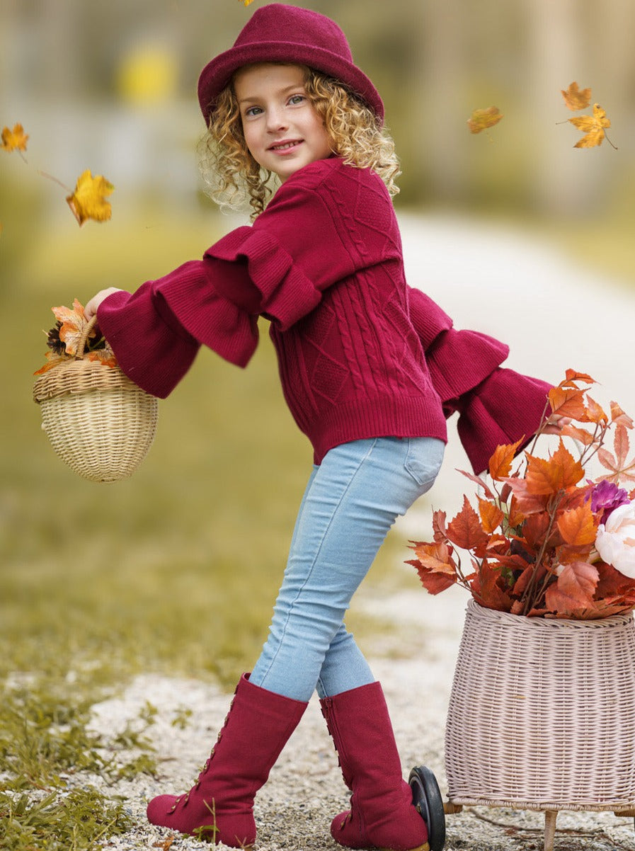 Burgundy Bliss Tiered Sleeve Cable Knit Sweater