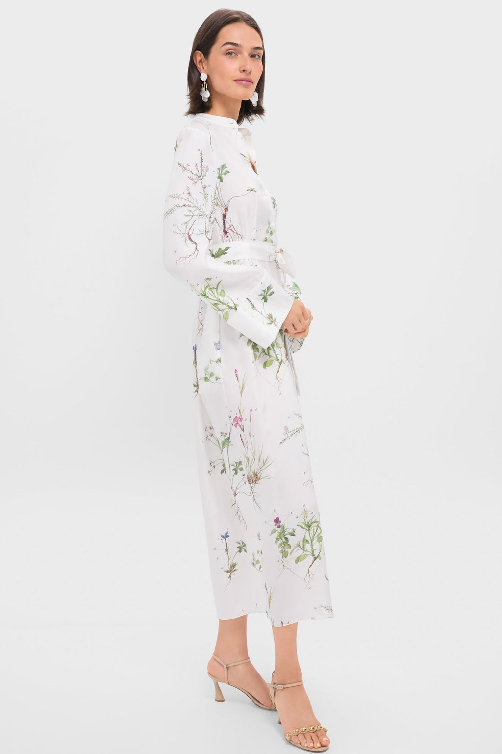 Botanical Garden White Long Sleeve Tie Waist Midi Dress