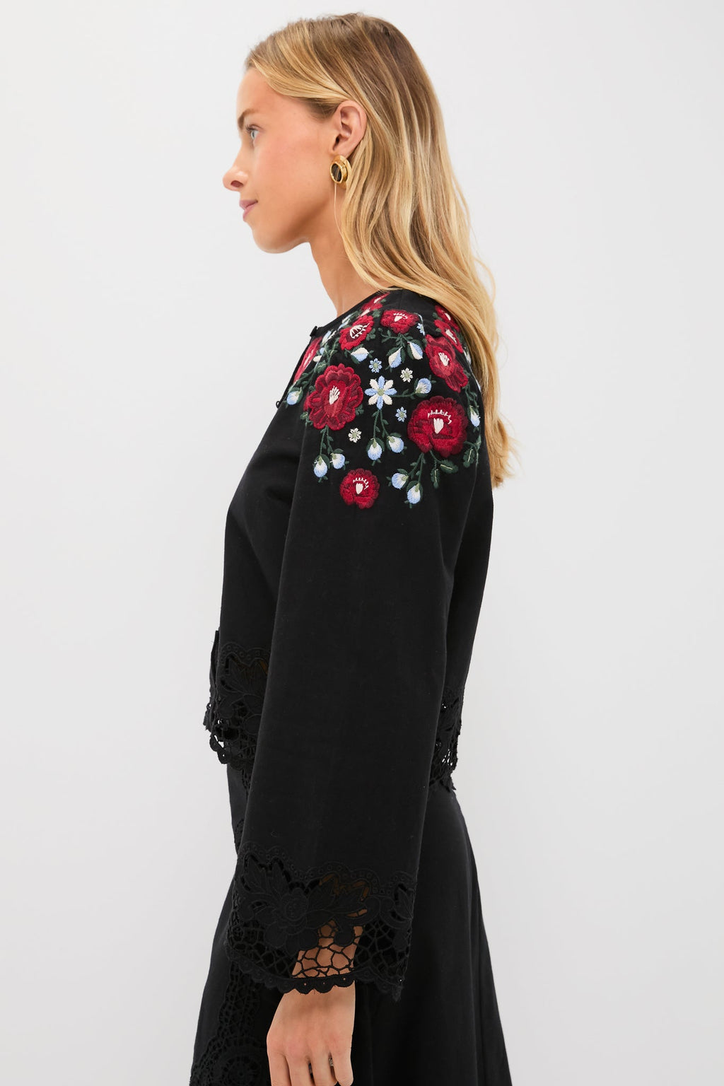 Black Rosaline Embroidery Long Sleeve Button Up Top