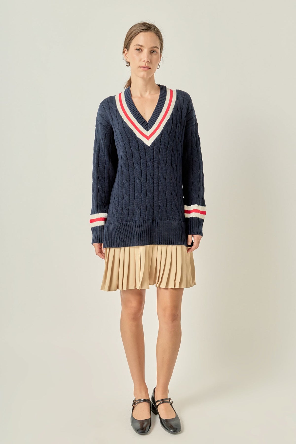 Cable Knit Pleated Sweater Dress