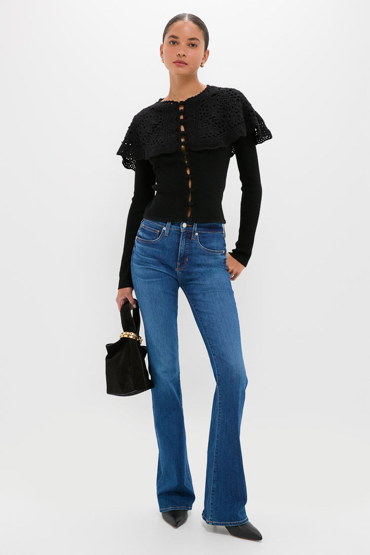 Black Nara Crochet Long Sleeve Cardigan With Capelet