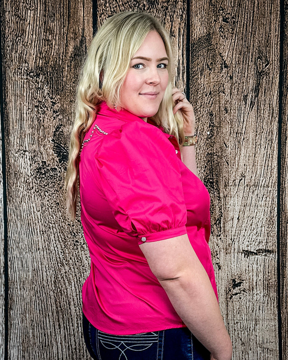 Celeste Puff Sleeve Studded Pearl Snap Shirt in Pink by Lucky and Blessed