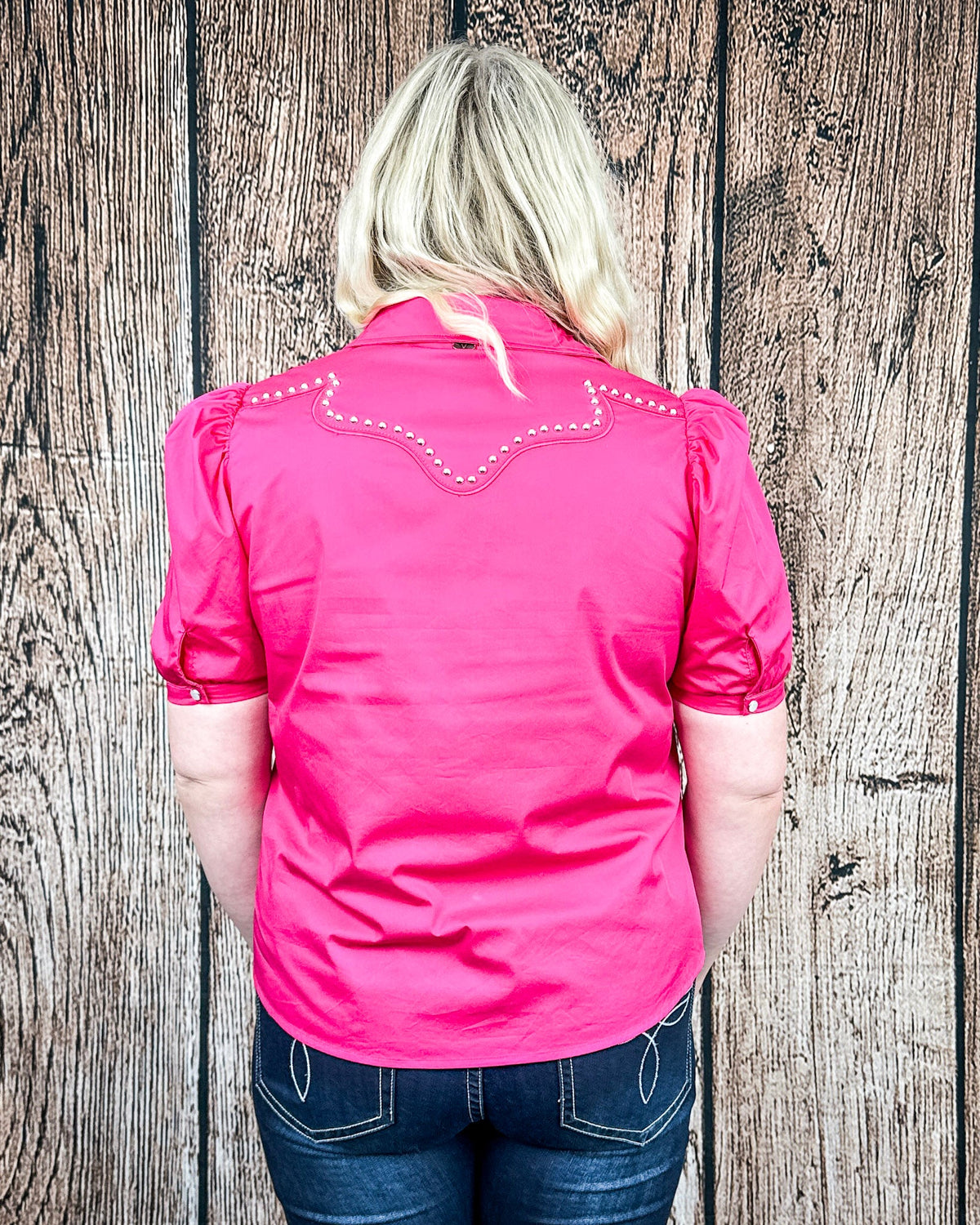 Celeste Puff Sleeve Studded Pearl Snap Shirt in Pink by Lucky and Blessed