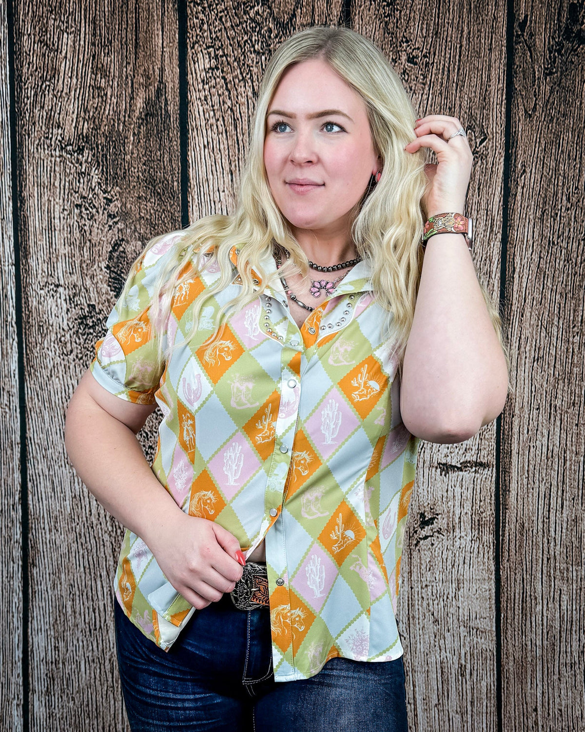 Celeste Puff Sleeve Studded Pearl Snap Shirt in Checkered Print by Lucky and Blessed