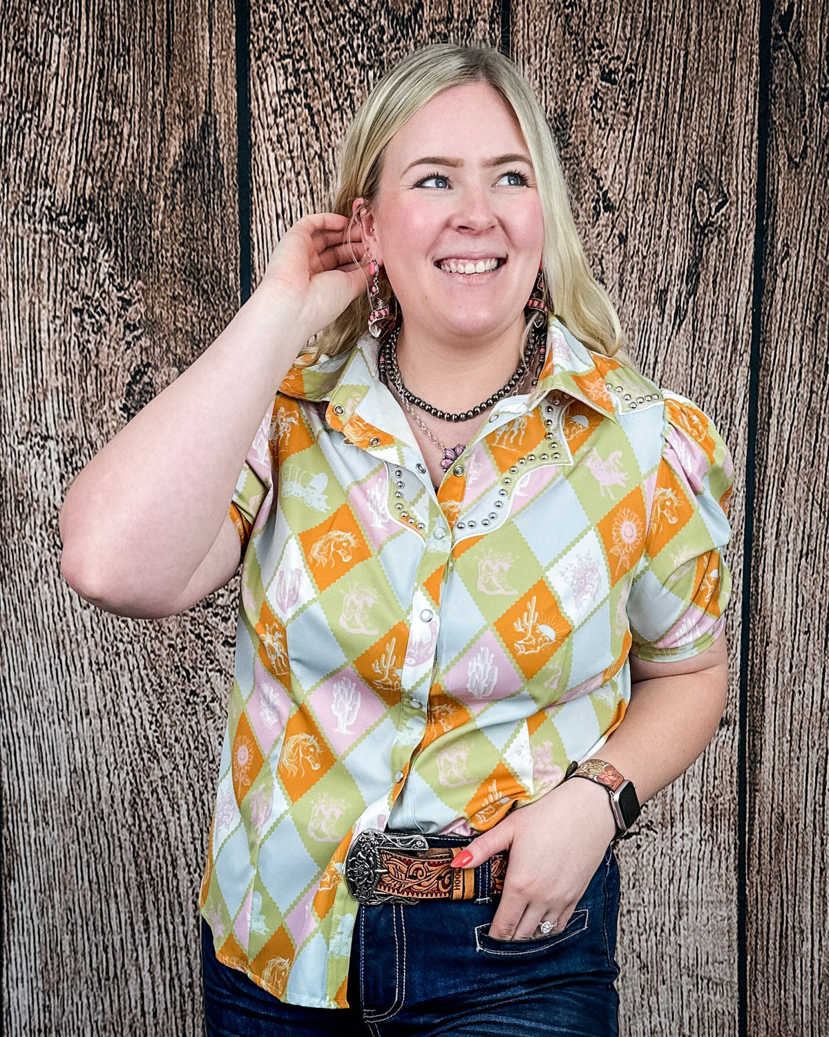 Celeste Puff Sleeve Studded Pearl Snap Shirt in Checkered Print by Lucky and Blessed