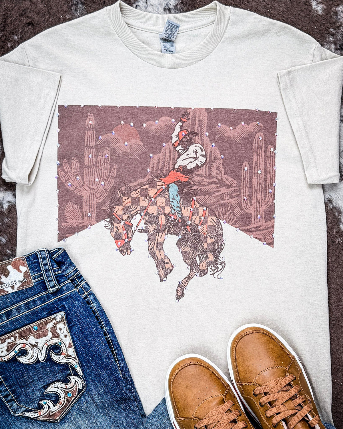 Desert Current Rhinestone Rodeo Tee in Tan
