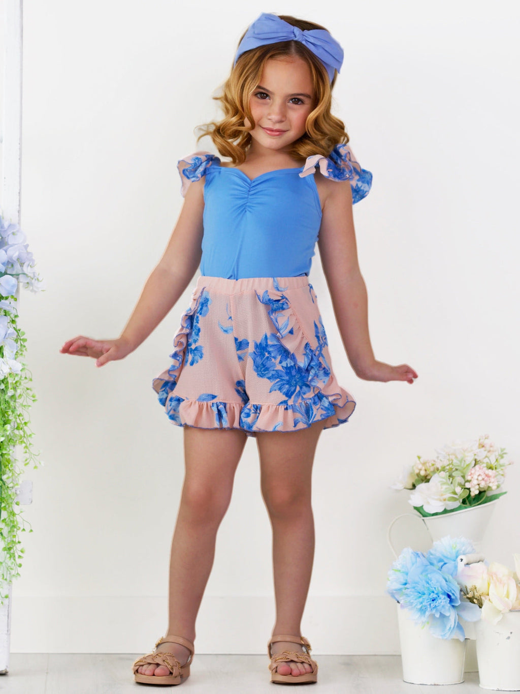 Boho Bloom Ruffle Sleeve Top and Floral Shorts Set