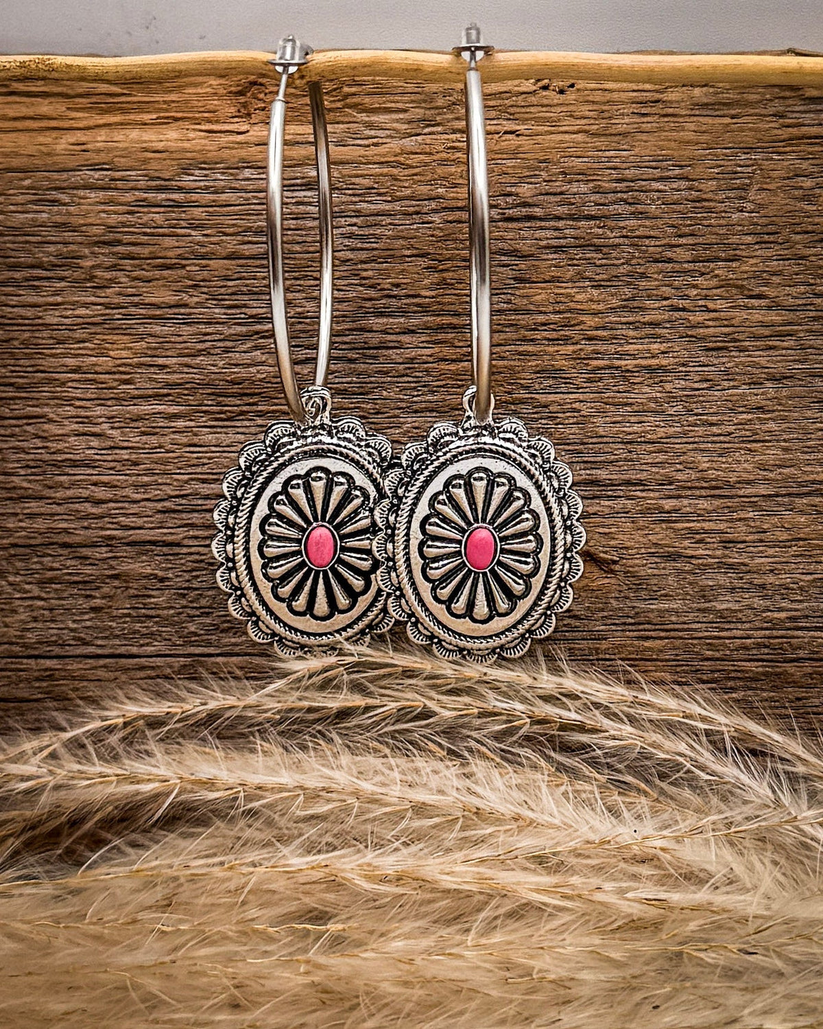 Calypso Concho Fashion Hoop Earrings in Hot Pink