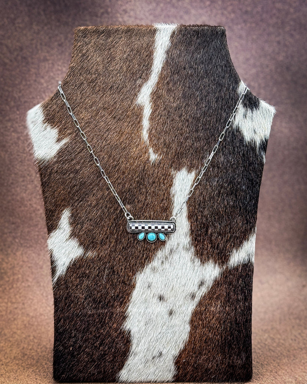 Blue Ribbon Checkered Fashion Bar Necklace