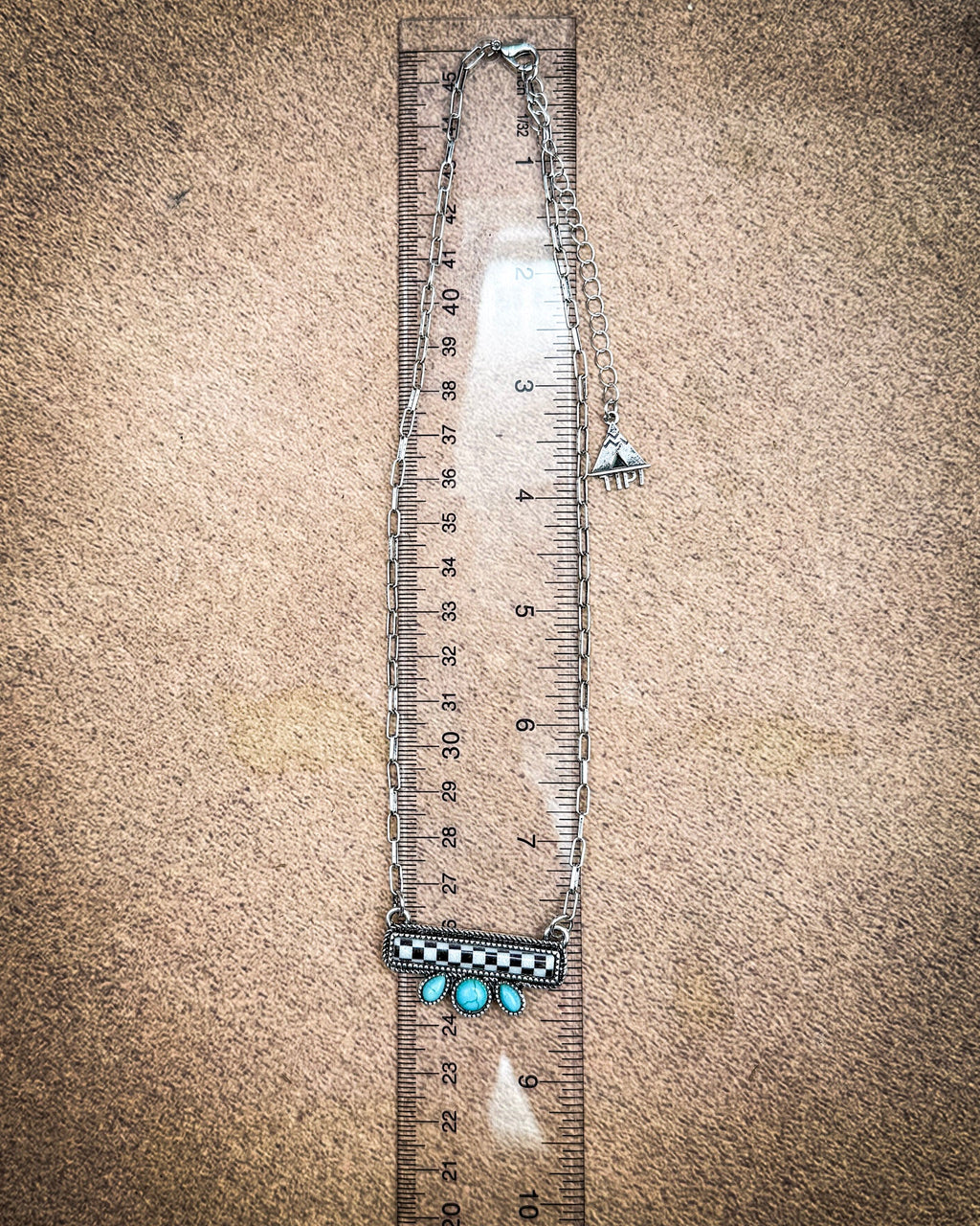 Blue Ribbon Checkered Fashion Bar Necklace