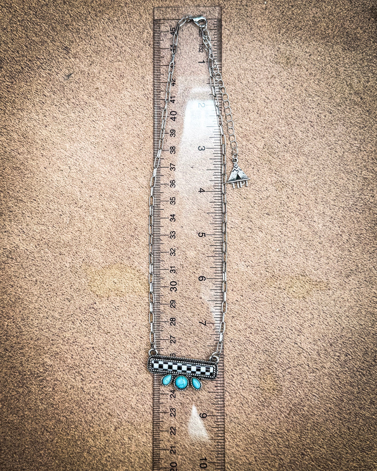 Blue Ribbon Checkered Fashion Bar Necklace