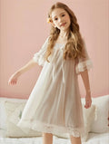 Bedtime Bliss Beige Knee-Length Lace Nightgown