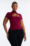 Your Muse Cut Out Mock Neck Short Sleeve Top - Wine