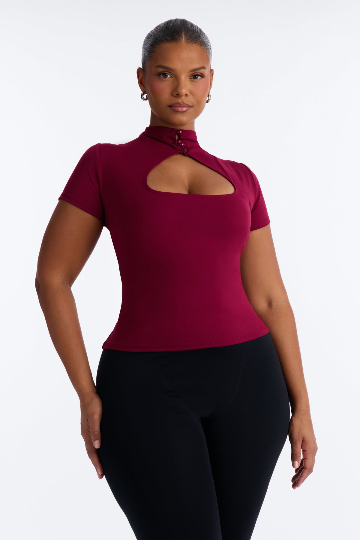 Your Muse Cut Out Mock Neck Short Sleeve Top - Wine