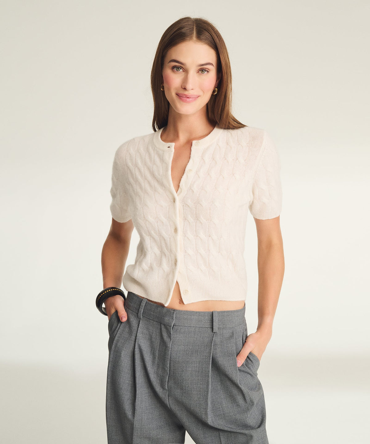 Lightweight Cashmere Cable Short Sleeve Cardigan