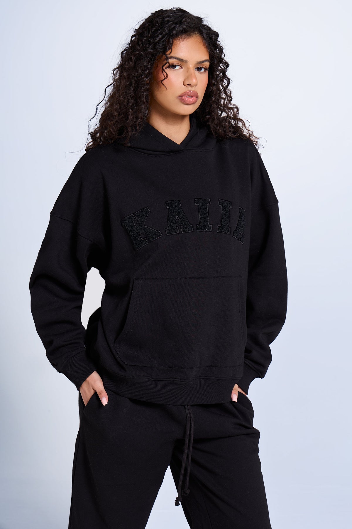 Kaiia Slogan Oversized Hoodie Black on Black