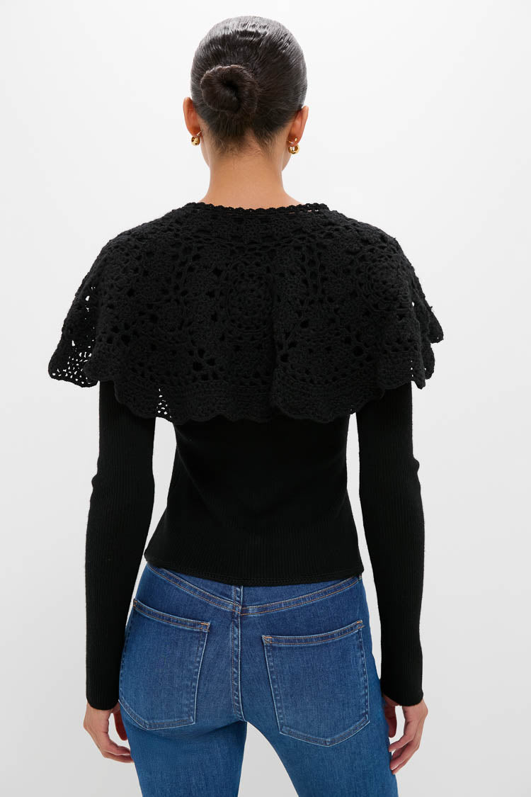 Black Nara Crochet Long Sleeve Cardigan With Capelet