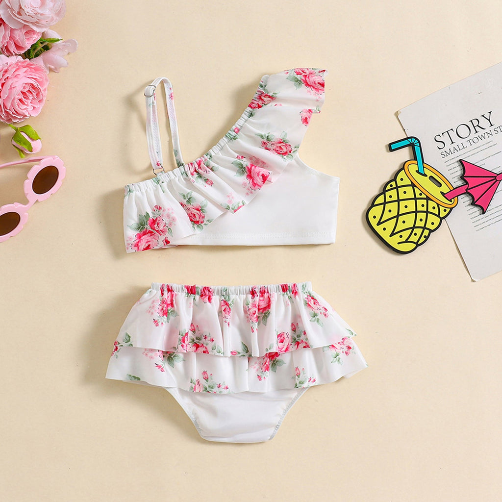 Baby Girls Flower Print One Shoulder Strap Swimsuit Two-Piece Set