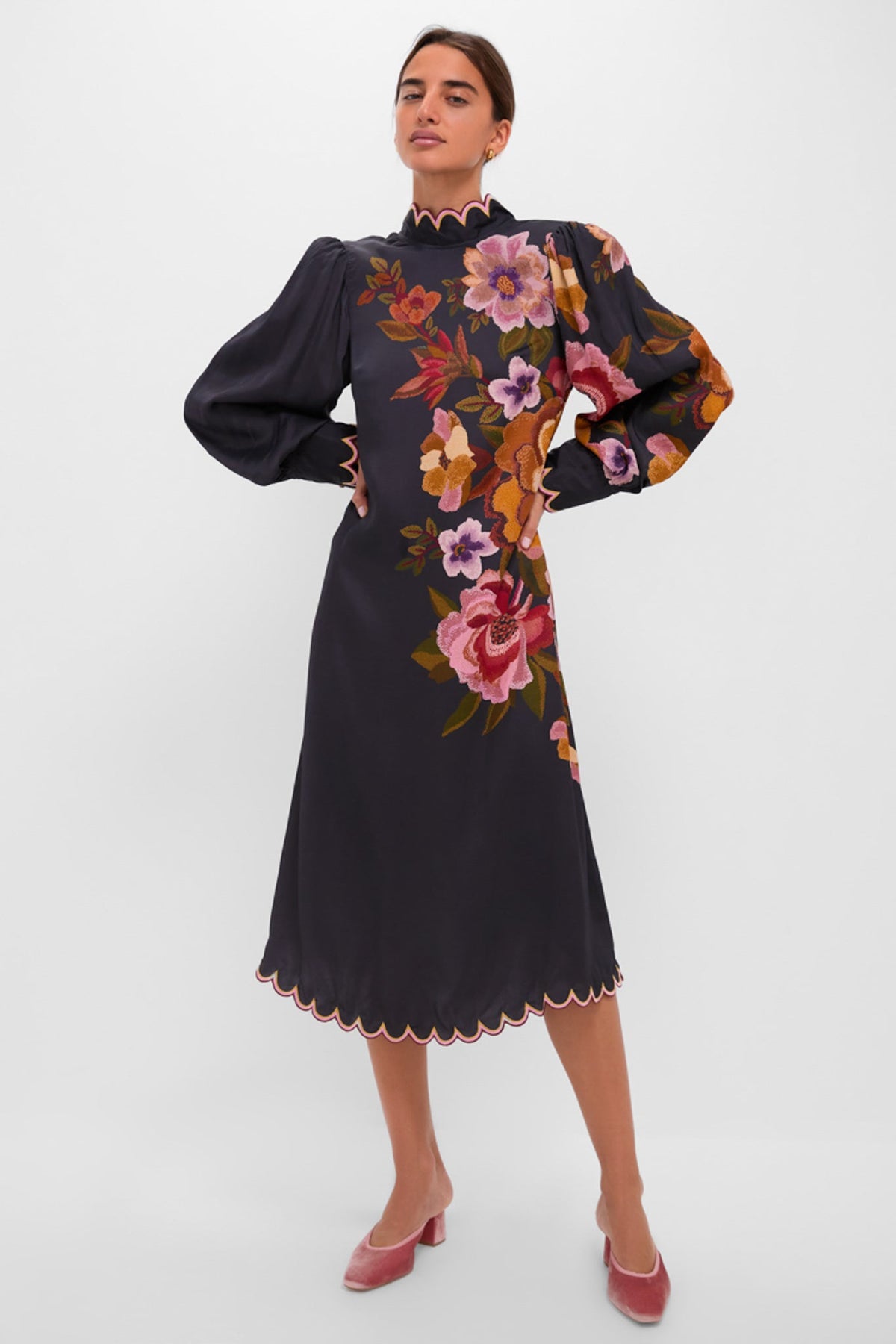 Black Chenille Flowers Midi Dress
