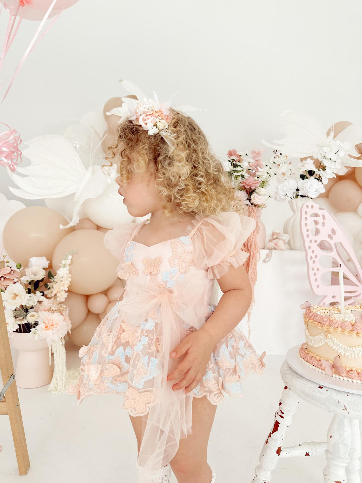 Butterfly Kisses Peach Rose Baby Girl Embroidered Tulle Party Romper