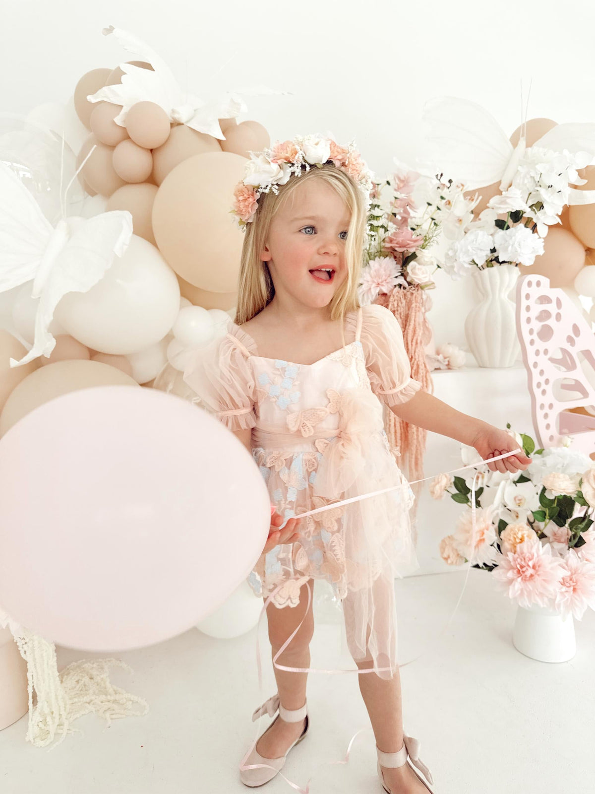 Butterfly Kisses Peach Rose Baby Girl Embroidered Tulle Party Romper