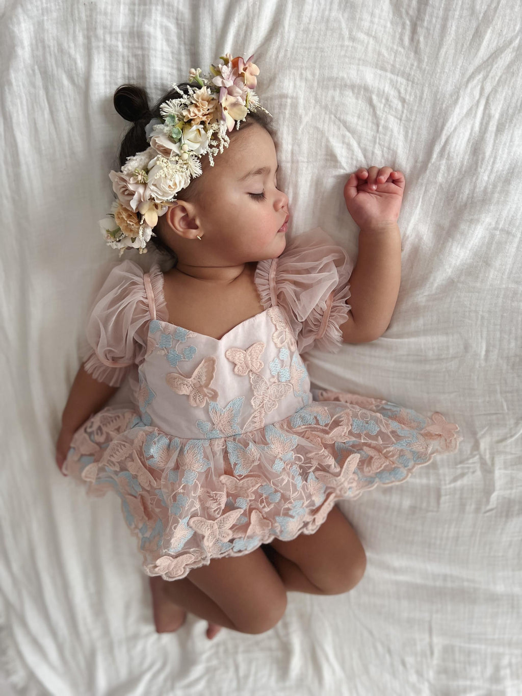 Butterfly Kisses Peach Rose Baby Girl Embroidered Tulle Party Romper