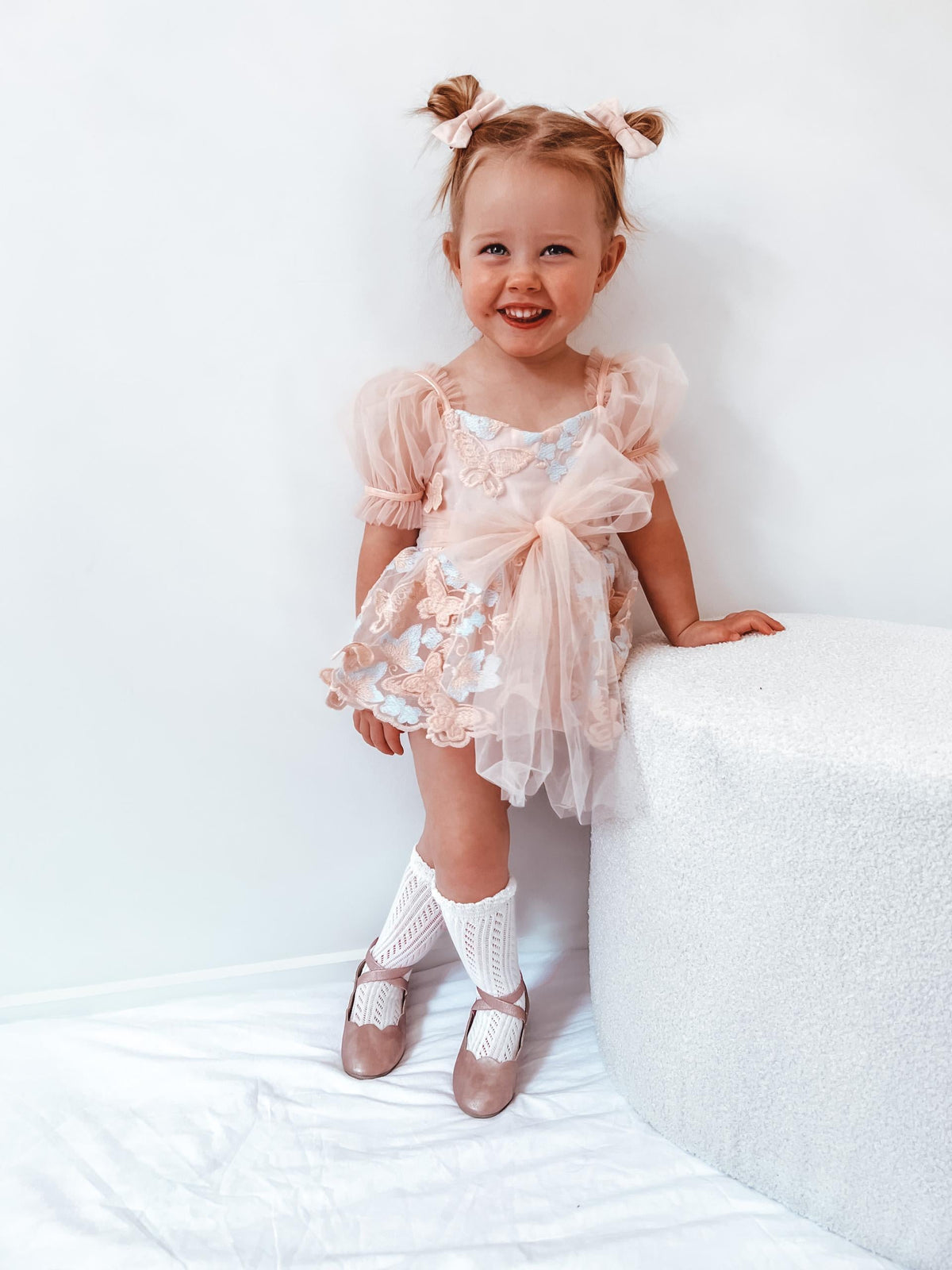 Butterfly Kisses Peach Rose Baby Girl Embroidered Tulle Party Romper