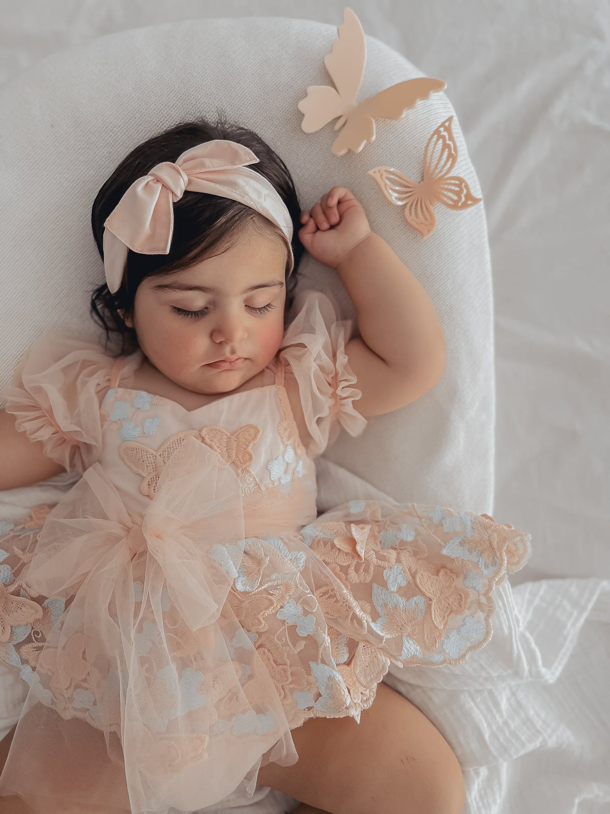 Butterfly Kisses Peach Rose Baby Girl Embroidered Tulle Party Romper
