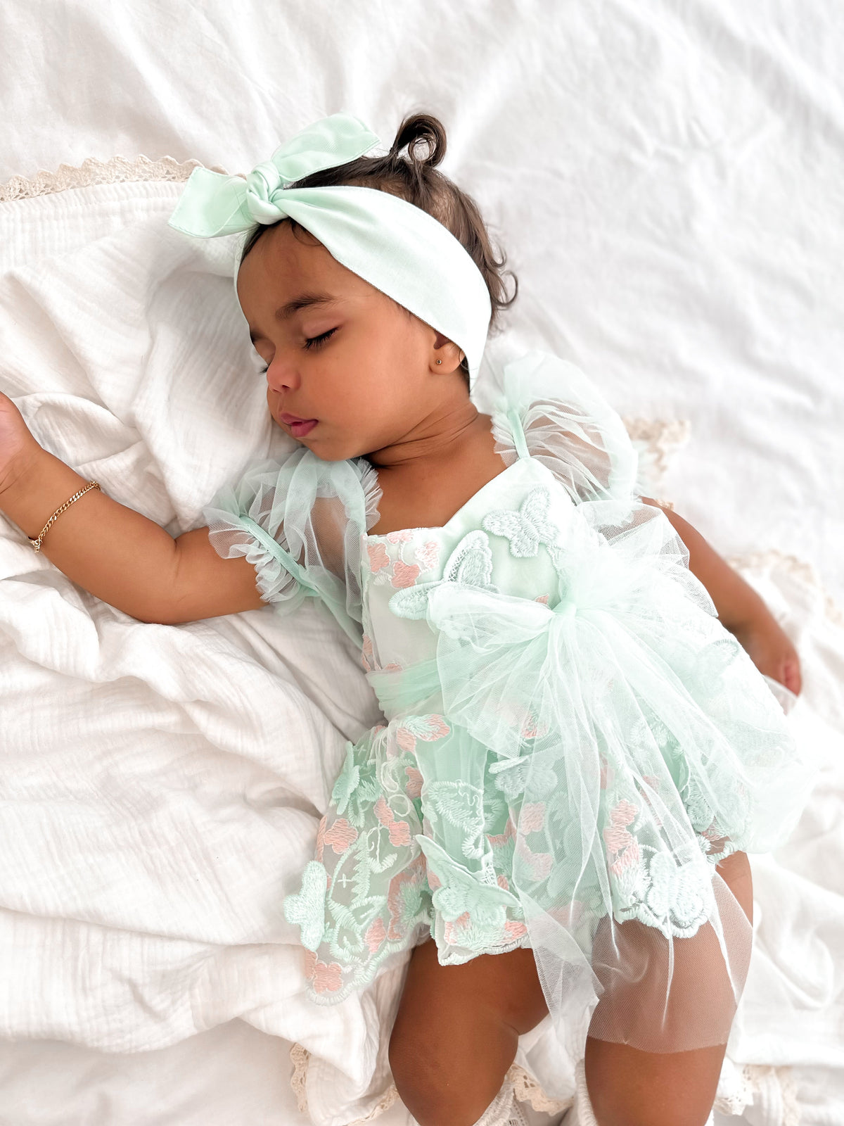 Butterfly Kisses Peppermint Pink Embroidered Baby Girl Tulle Party Romper