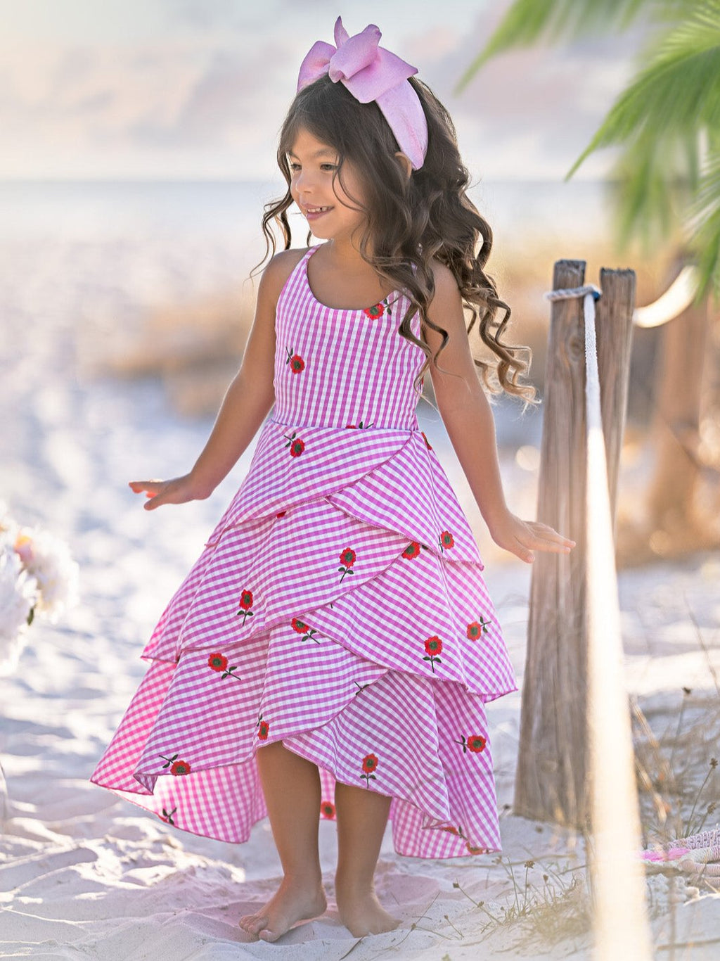 Bloom Gingham Embroidered Floral Ruffle Dress