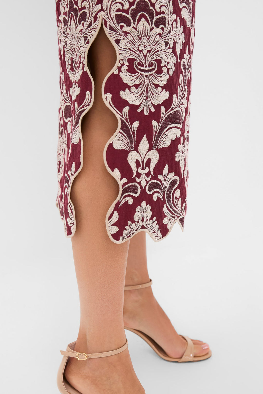 Blush Pink and Burgundy Bicolor Jacquard Waves Midi Skirt