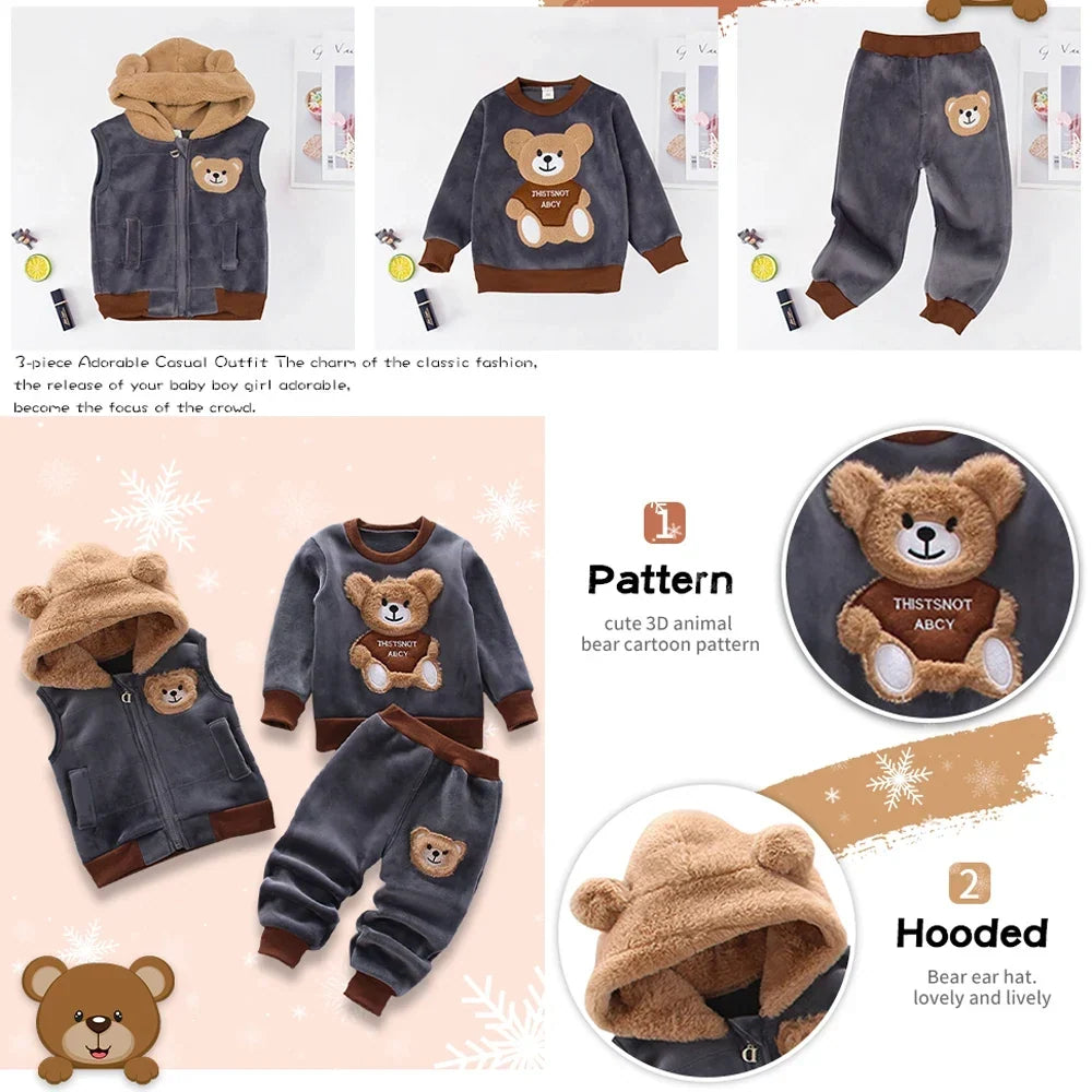 3PCS Baby Winter Clothing Set | Sweater Coat, Hooded Vest & Pants Outfit for Boys & Girls