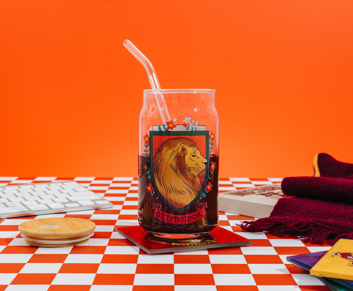 Harry Potter Gryffindor House Mascot Glass Tumbler With Bamboo Lid and Straw