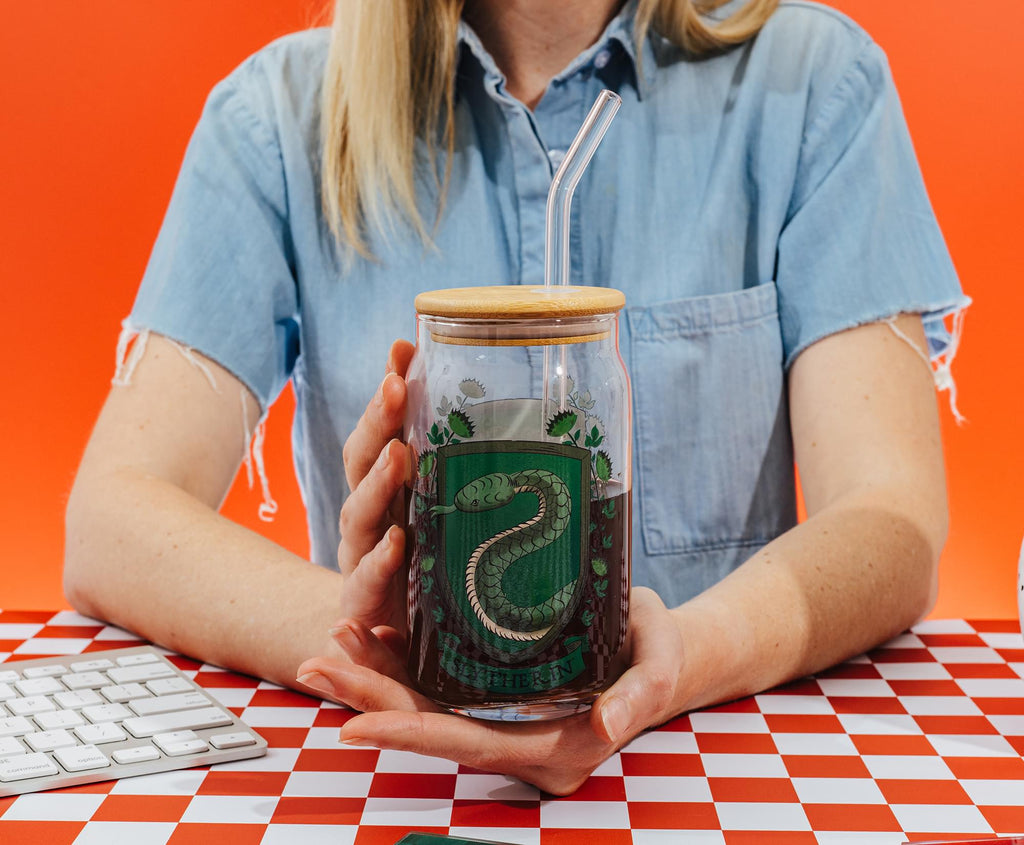 Harry Potter Slytherin House Mascot Glass Tumbler With Bamboo Lid and Straw