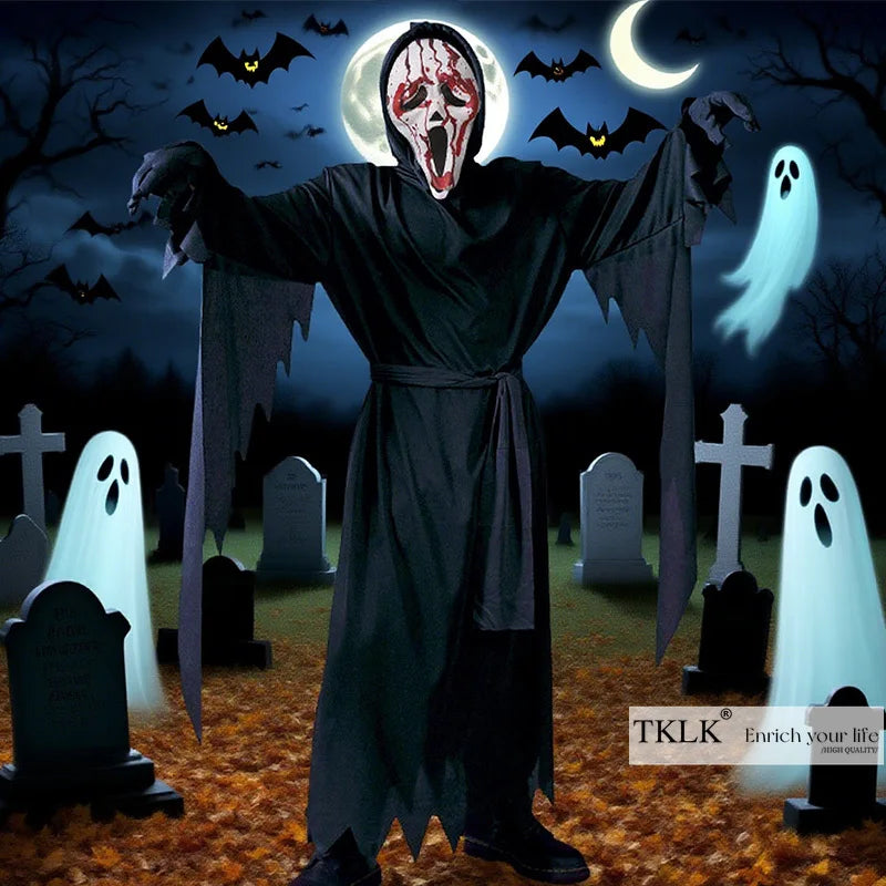 1 Set Halloween costumes with loud screams, horror movies cosplay outfits, scary clothes, masks, gloves - perfect for Halloween