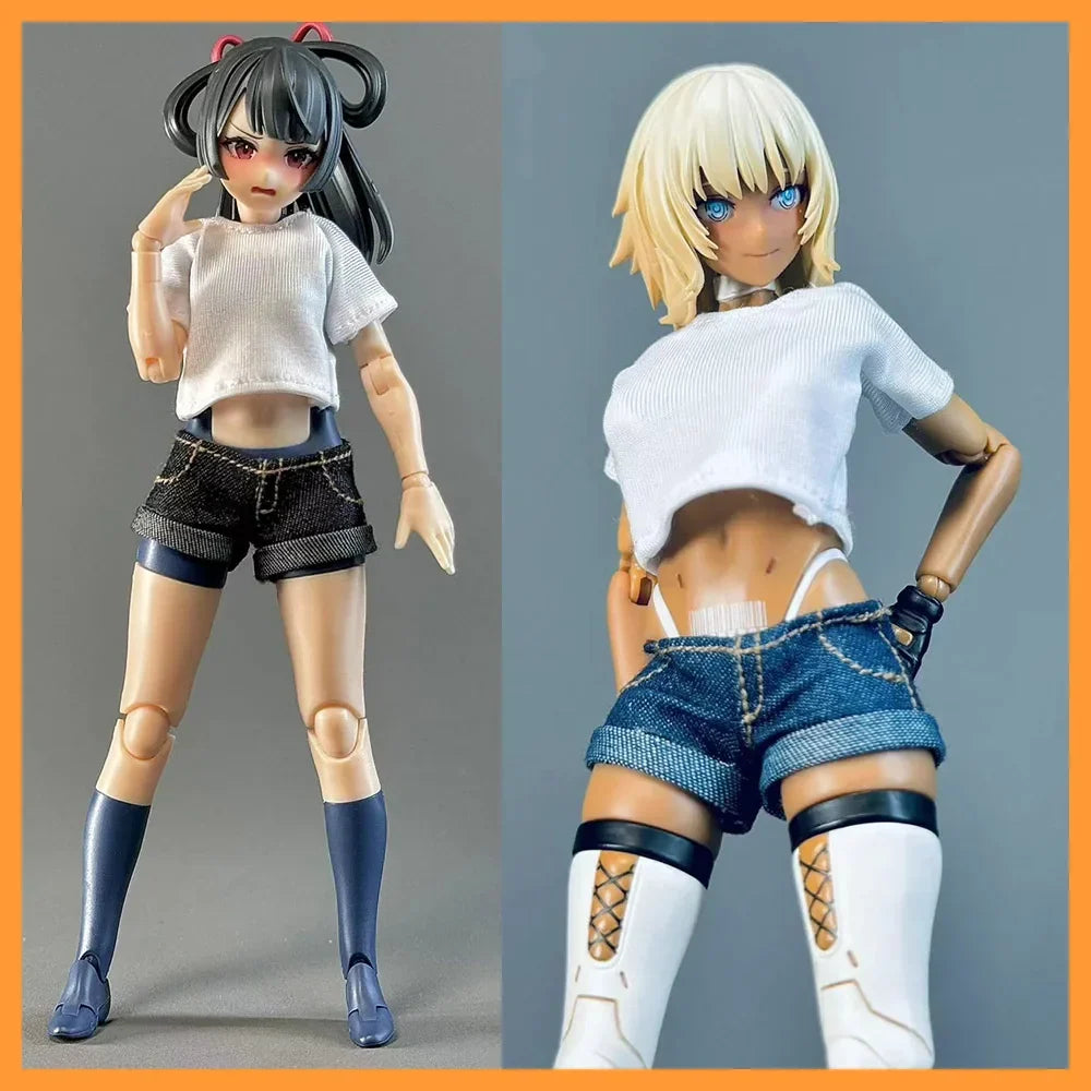 1/12 Scale Female Soldiers Casual Loose White T-shirt Mini Hot Shorts Curled Short Pants for 6" OB BJD Action Figure Body Model