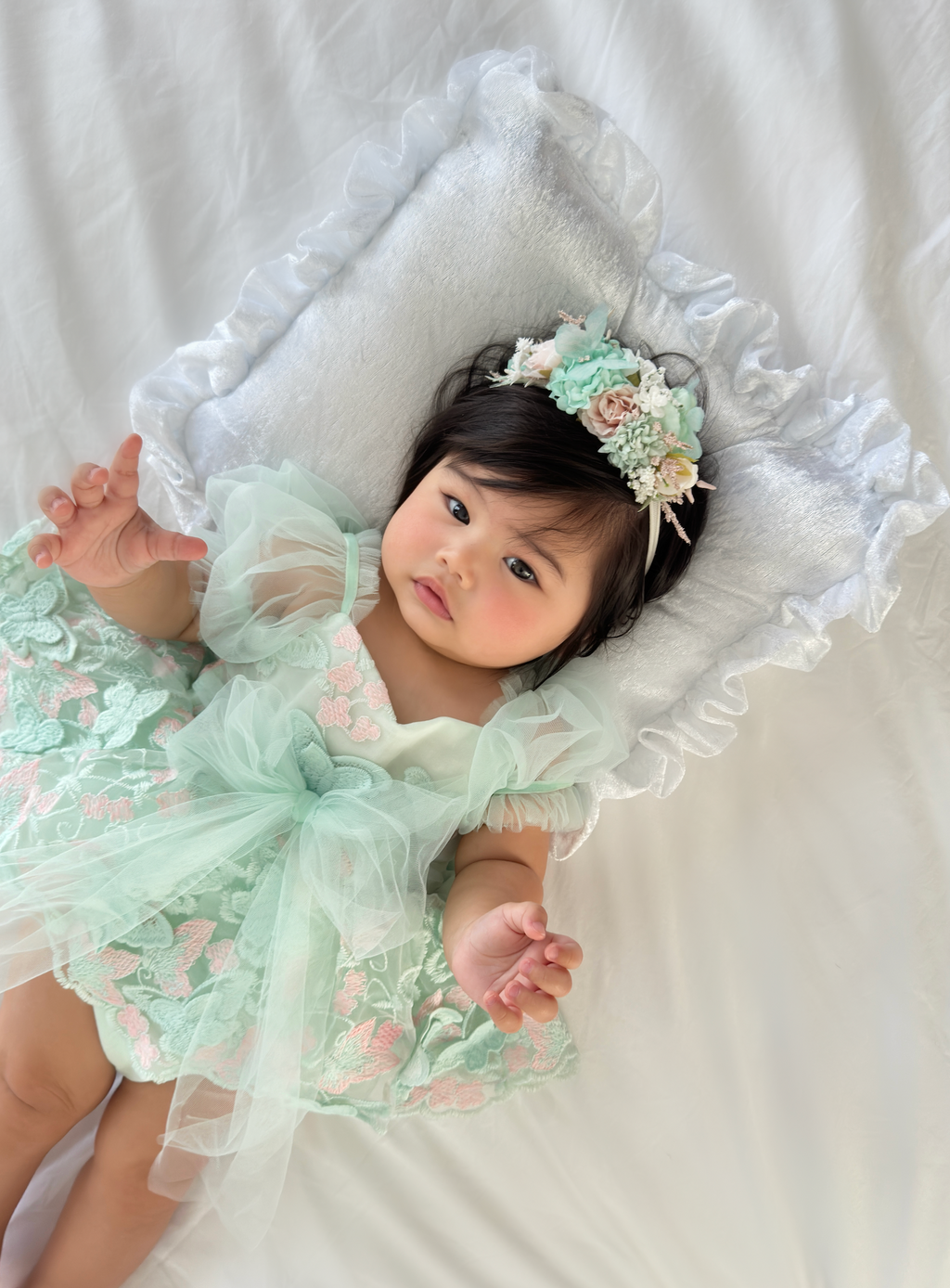 Butterfly Kisses Peppermint Pink Embroidered Baby Girl Tulle Party Romper