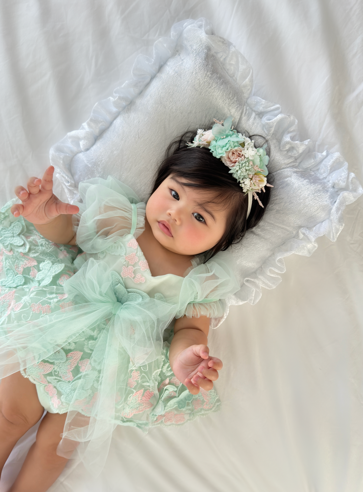 Butterfly Kisses Peppermint Pink Embroidered Baby Girl Tulle Party Romper
