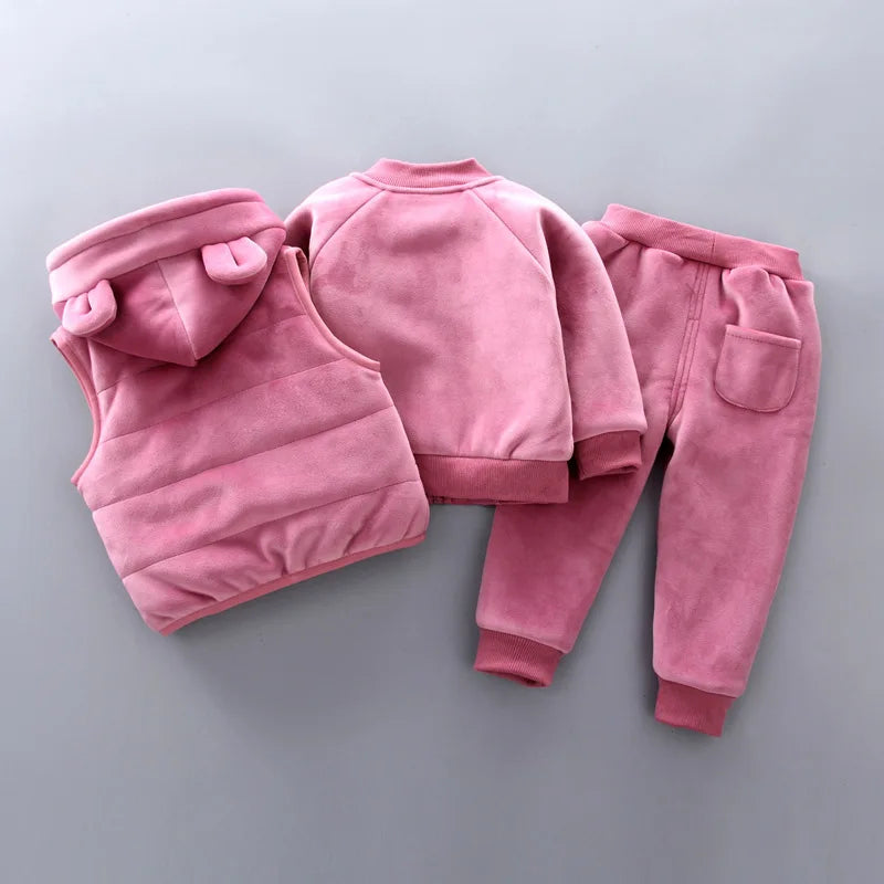 3PCS Baby Winter Clothing Set | Sweater Coat, Hooded Vest & Pants Outfit for Boys & Girls