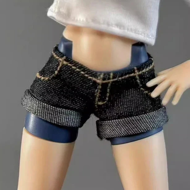 1/12 Scale Female Soldiers Casual Loose White T-shirt Mini Hot Shorts Curled Short Pants for 6" OB BJD Action Figure Body Model