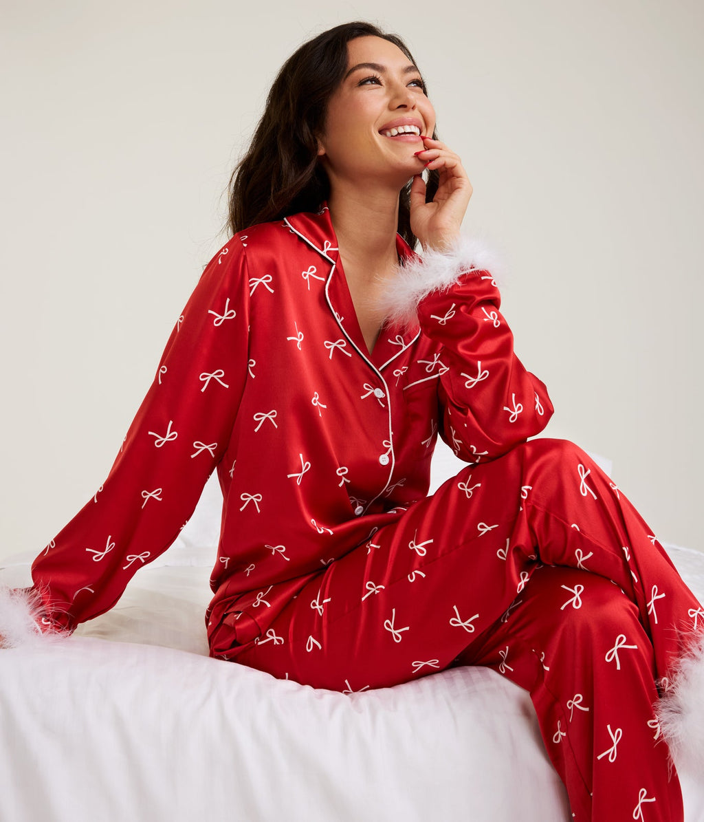 Women's Christmas Bow Satin Feather Pajama Set
