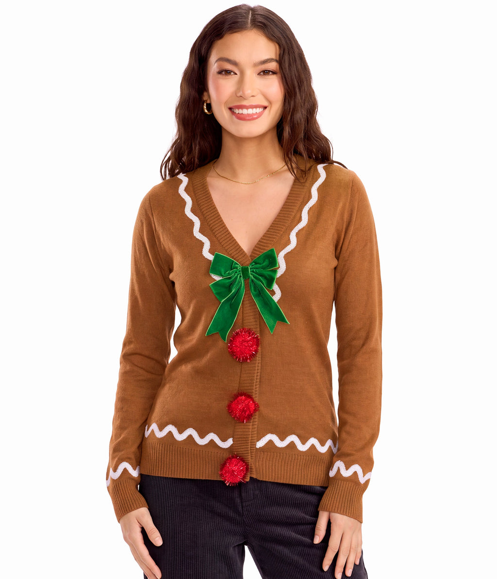Women's Gingerbread Man Ugly Christmas Cardigan Sweater