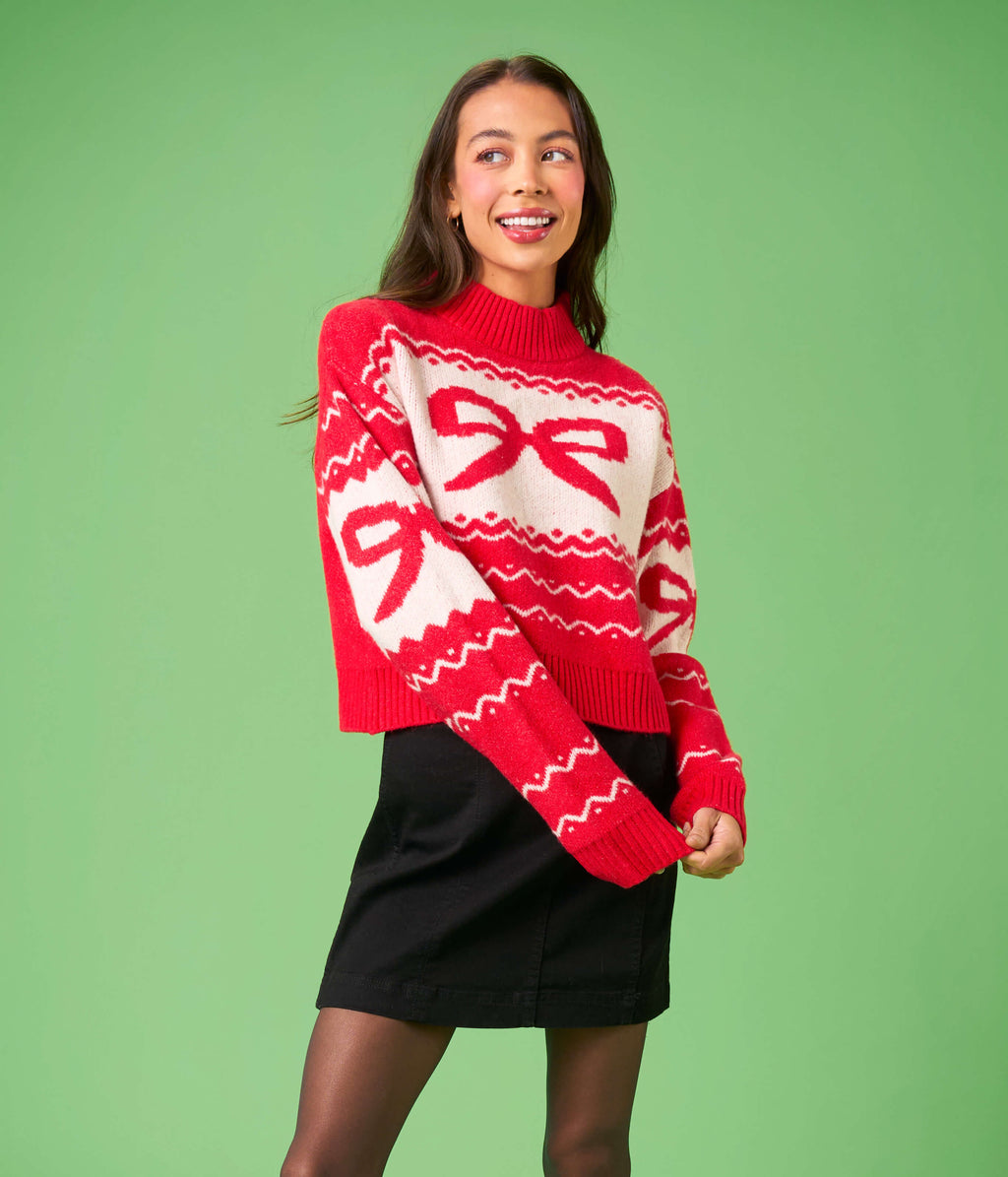 Women's Cozy Knit Bow Cropped Christmas Sweater