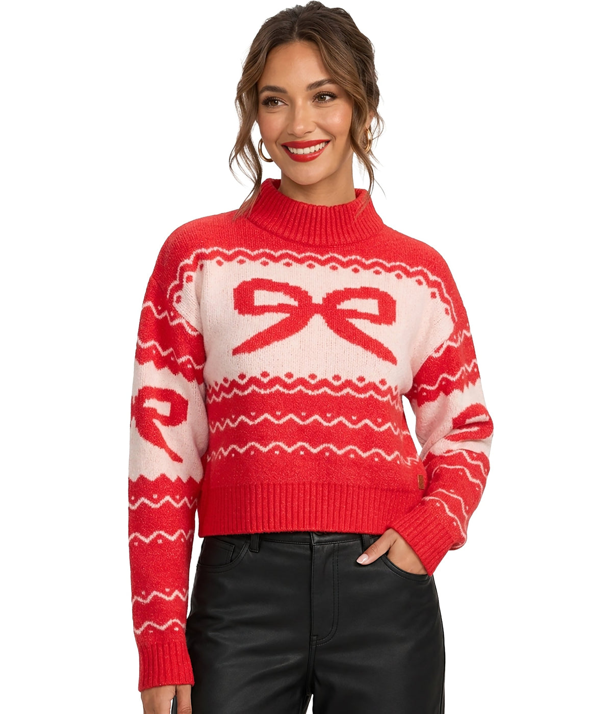 Women's Cozy Knit Bow Cropped Christmas Sweater