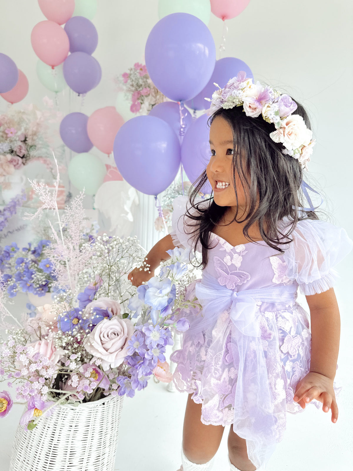 Butterfly Kisses Lilac Pink Rose Embroidered Baby Girl Tulle Party Romper