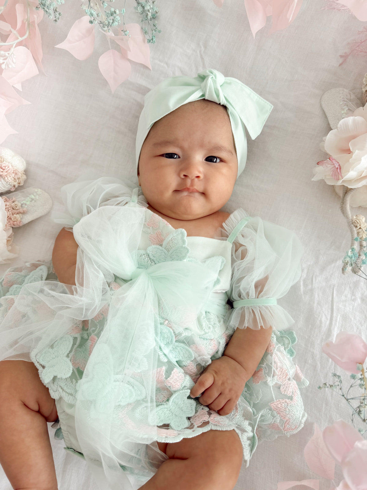 Butterfly Kisses Peppermint Pink Embroidered Baby Girl Tulle Party Romper