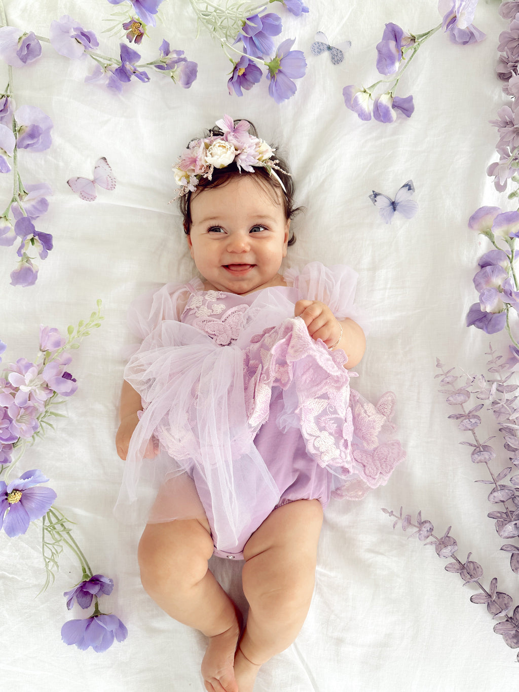 Butterfly Kisses Lilac Pink Rose Embroidered Baby Girl Tulle Party Romper