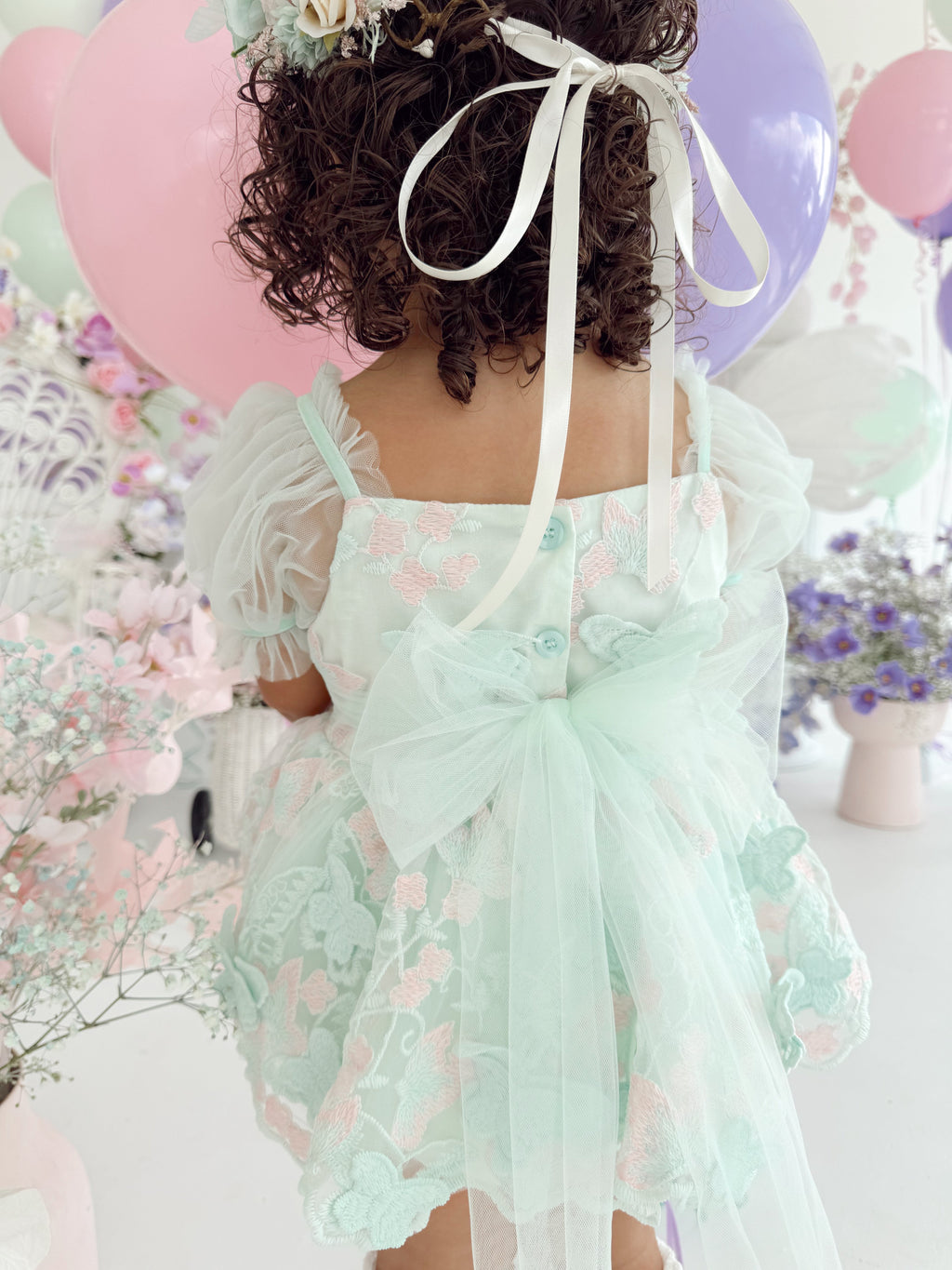 Butterfly Kisses Peppermint Pink Embroidered Baby Girl Tulle Party Romper