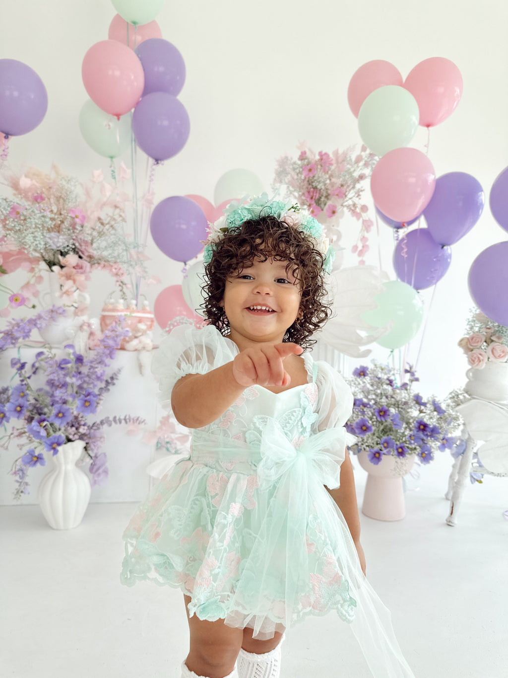 Butterfly Kisses Peppermint Pink Embroidered Baby Girl Tulle Party Romper