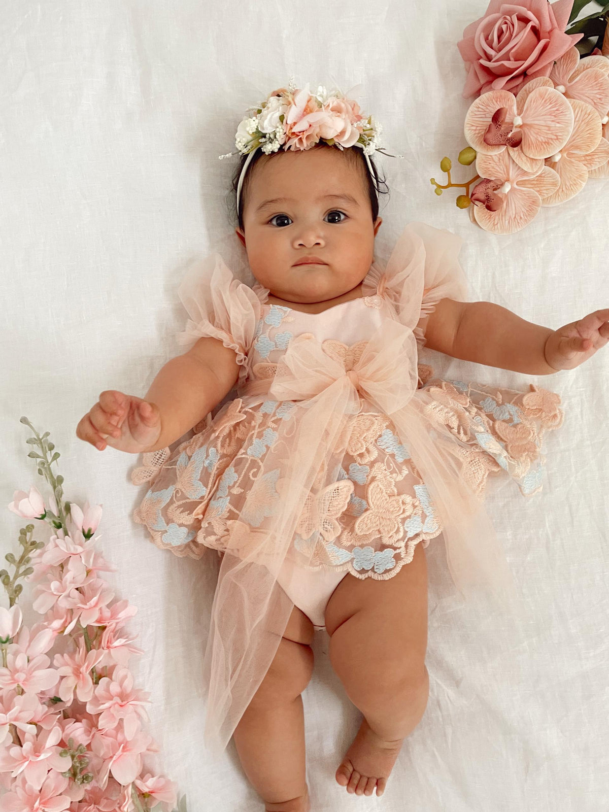Butterfly Kisses Peach Rose Baby Girl Embroidered Tulle Party Romper